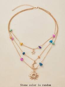 1PC Bohemian-Style Multi-Layer Gold-Tone Star-Moon Pendant Necklace Featuring Colored Stone Star-Moon Jewelry Women's Party And Gathering Jewelry