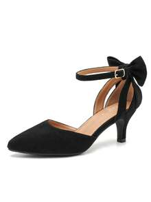 MAIERNISI JESSI Women's Wedding Evening Party Bow Kitten Heels Pumps Ankle Strap Buckle Dress Shoes - 黑色絨面 - 查看 18