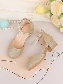 花童鞋适合婚礼、派对、节日，适合所有年龄段的女孩，儿童鞋，经典舒适百搭，金色简约珍珠闪亮高跟鞋，正式礼服、表演、芭蕾、玛丽珍、公主鞋 - 金色 - 查看 3