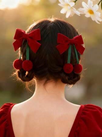 2个樱桃发夹，女童蝴蝶结发夹，可爱水果发夹，女孩双马尾蝴蝶结发夹，新年发夹，圣诞节发饰，发爪，发卡，发夹