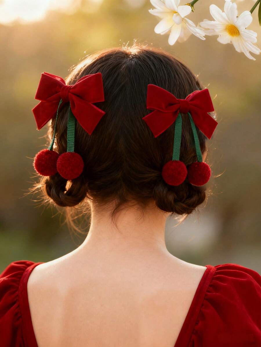 2个樱桃发夹，女孩蝴蝶结发夹，可爱水果发夹，女孩双马尾蝴蝶发夹，新年发夹，圣诞节发饰，发爪，发夹，发卡 - 酒紅色 - 查看 1