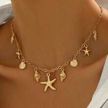 1PC 18K Gold-Plated Sea Star And Shell Pendant Necklace For Women – Versatile Summer Beach Style Accessory With Collarbone Chain, Lightweight Fashion Jewelry Perfect For Vacation, Everyday Wear, Or Gifts –  Coastal Statement Piece - 金色 - 查看 2