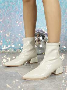 秋冬季5厘米粗跟踝靴和短靴，舒适尖头切尔西靴，2025时尚女鞋 - 米色 - 查看 2