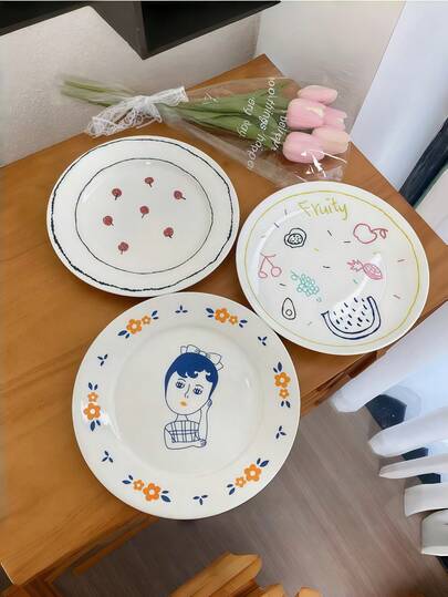 卡通创意餐具，简约手绘家用早餐盘甜品盘意面盘陶瓷盘餐盘餐具