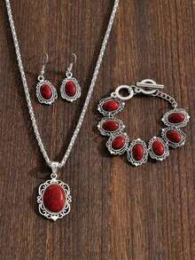 1 Set Turquoise Necklace, Earrings, Bracelet Bohemian Vintage Jewelry Set - Red - View 2