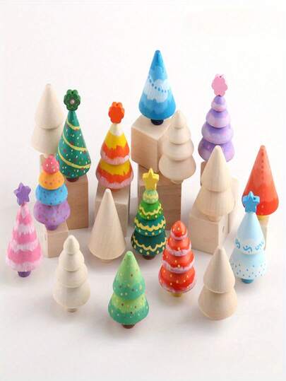 6 Stück Mini Holz Weihnachtsbaum Set - DIY Bastelset für festliche Dekorationen, ohne Stromversorgung benötigt, Weihnachtsdekoration