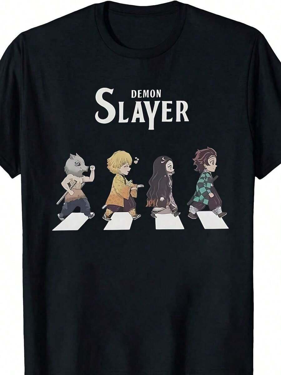 Men's Anime Graphic T-Shirt, 100% Cotton Tshirt, Demons Slayers T-Shirts Men Novelty Cotton Tee Shirt O Neck Short Sleeve T Shirts Gift Idea Tops Perfect Christmas & Holiday Gift For Men, Halloween Shirts For Men - 黑色 - 查看 1