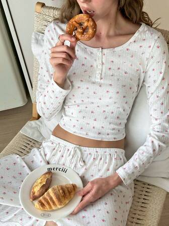 Nina Bonheur Set de pijama de 2 piezas con top de manga larga de cuello redondo con estampado gráfico + pantalones de cintura elástica para mujer