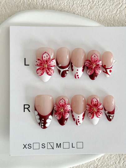 10pcs Minimalist Elegant Gothic Punk Hand-Painted Red & White 3D Carved Short Almond-Shaped Wearable Armor Parts Nails