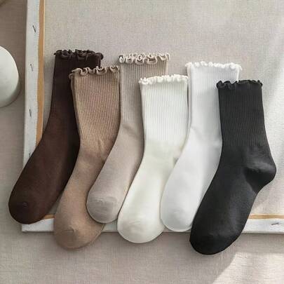 6 Pairs Women's Solid Color Mid-Calf Socks With Ruffle Trim - Soft Stacked Stripe Texture, 6 Neutral Shades Suitable For Casual And Formal Outfits, Comfortable Daily Wear, Adorable Design, Elegant Socks