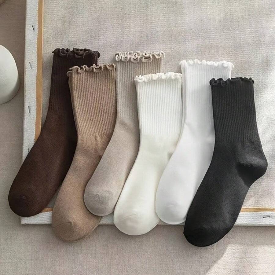 6 pares de calcetines de media caña de unicolor para mujer con ribete de volantes - Textura suave de rayas apiladas, 6 tonos neutros adecuados para atuendos casuales y formales, uso diario cómodo, diseño adorable, calcetines elegantes - Multicolor - Ver 1