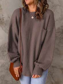 Women's Casual Crew Neck Pullover Solid Color Drop Shoulder Patch Pocket Sweater - Maroon - View 3