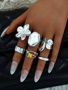 12/6pcs Set Elegant Vintage Delicate Party Style Faux Pearl Ruffle Geometric Metal Rings Set, Geometric Line Design Suitable For Women Daily, Party, Vacation Wear, Versatile Stackable, Perfect Gift For Holidays - Style 14 - View 7