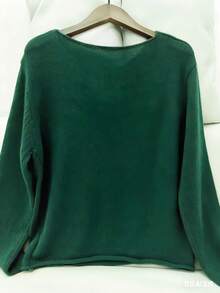 Women's Soft Green Round Neck Sweater, Vintage Fresh, Casual For Spring, Solid Color Lightweight Polyester Ribbed Long Sleeve Sweater For Spring/Autumn - Dark Green - View 2