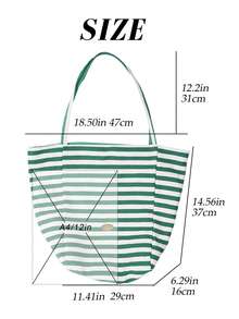 Women's Reversible Canvas Tote Bag With Stripes - Large Capacity Shoulder Bag For Commuter, Shopping And Travel - 綠色 - 查看 6