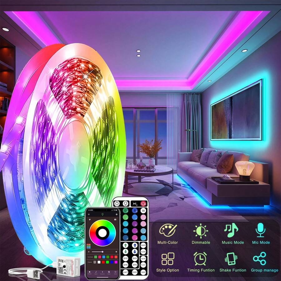 Tira de luz LED de 3 pies a 100 pies para decoración del hogar, equipada con control remoto de 44 teclas y control por aplicación, con temporizador y atenuación sincronizada con música, luz RGB de cambio de color adecuada para decoración de dormitorio, vacaciones, decoración de habitación, decoraciones de pared