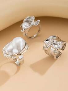 3 件复古不对称金色抽象金属戒指套装，巴洛克风格仿珍珠首饰套装，可堆叠厚首饰套装，适合女性日常装饰、各种派对、时尚搭配、节日礼物