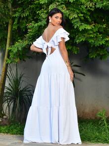 Long Off-The-Shoulder Dress With Ruffles, V-Neckline, And Charming Sleeves - White - View 2