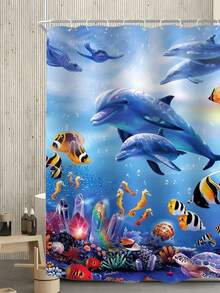 1 pieza Cortina de ducha de poliéster impermeable con patrón de delfín y tortuga, decoración moderna resistente al agua y al moho, cortina de ventana de baño para volver a la escuela
