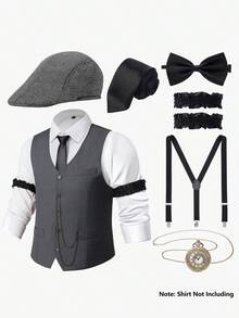 1920s Mens Costume Gatsby Gangster Costume Accessories Set-1920s Hat Vest Pocket Watch Tie-Roaring 20s Costumes For Men-Shirt Not Includ - Xám - Xem 1
