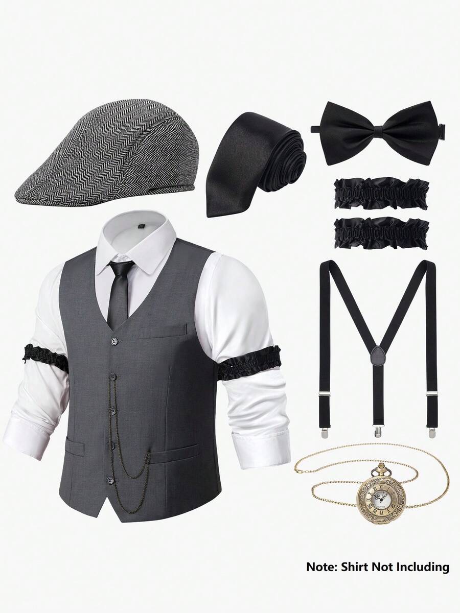 1920s Mens Costume Gatsby Gangster Costume Accessories Set-1920s Hat Vest Pocket Watch Tie-Roaring 20s Costumes For Men-Shirt Not Includ - Xám - Xem 1