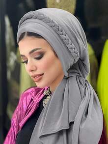 1 件纯色柔软女士系带十字装饰穆斯林头巾围巾（带领带）