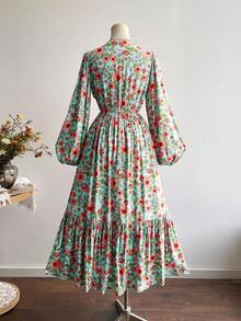 Rusttydustty Robe longue à manches bouffantes et col en V style rétro floral, vêtements de croisière style bohème pour femmes, design floral long, idéal pour Noël, le Nouvel An et la Saint-Valentin