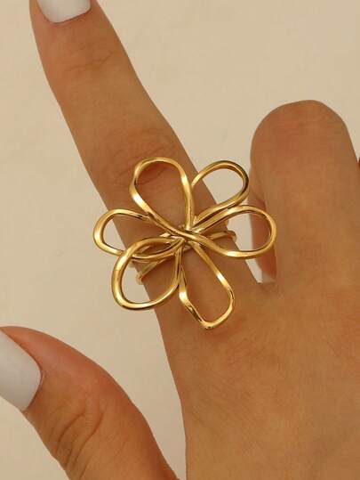 1 szt. pusty asymetryczny pierścionek ze stali nierdzewnej z kreatywnym wzorem kwiatu, uniwersalna i elegancka biżuteria dla kobiet, odpowiednia na randki, spotkania, święta