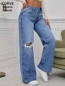Quần jean ống rộng co giãn denim rách cho nữ cỡ lớn - Màu xanh lam - Xem 4
