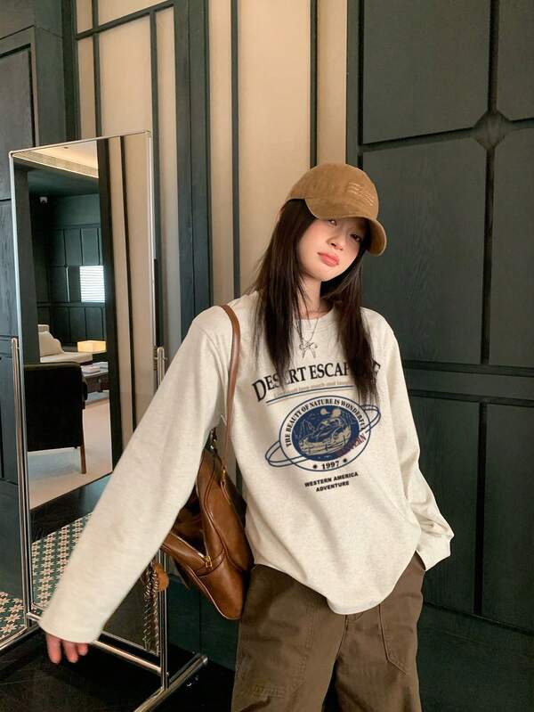 Top de Manga Longa Casual Versátil com Estampa Kawaii, Decote Redondo, Modelo Solto, Novo para Primavera/Verão para Mulheres