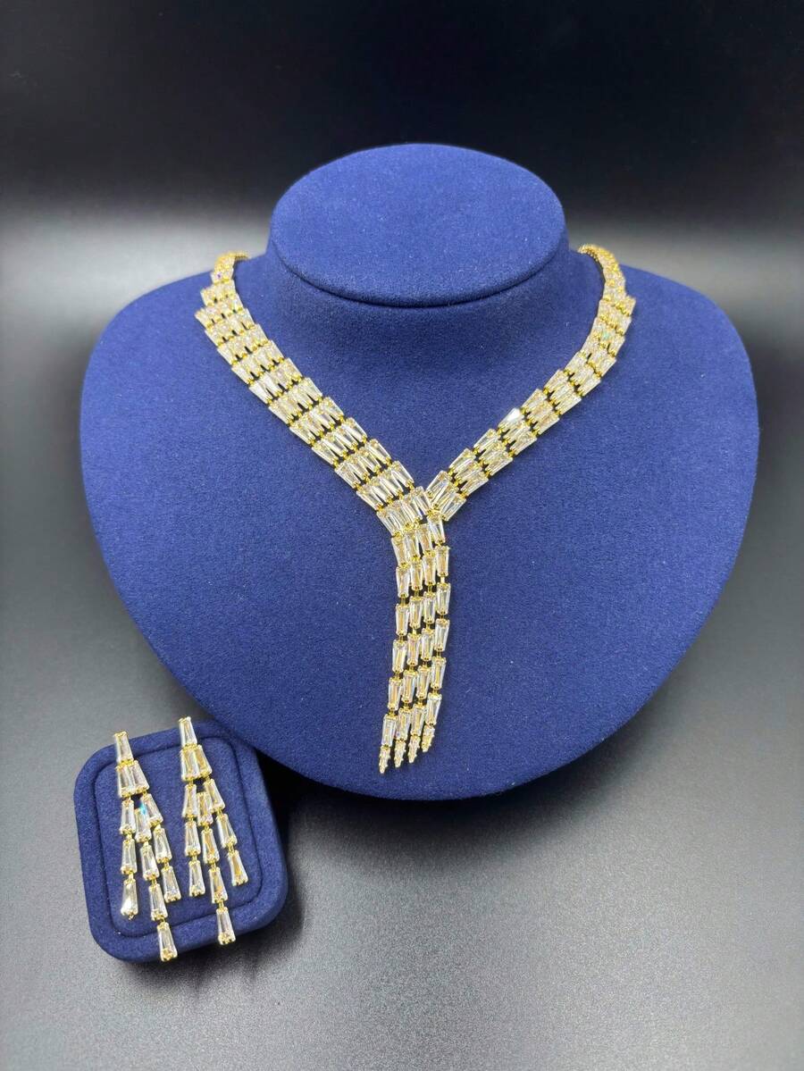 1 Set Women's Luxury Jewelry Set, Teardrop Cubic Zirconia + New Style Rhinestone, Suitable For Evening Gala, Wedding, Party, Daily Wear