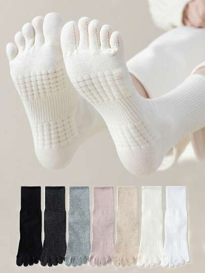 1/3/5 Pairs Women's Multicolor Toe Socks, Mid-Calf Socks, Shock-Absorbing Professional Women's Five-Toe Socks, Simple And Fashionable Versatile Toe Socks For Spring, Summer, Autumn And Winter