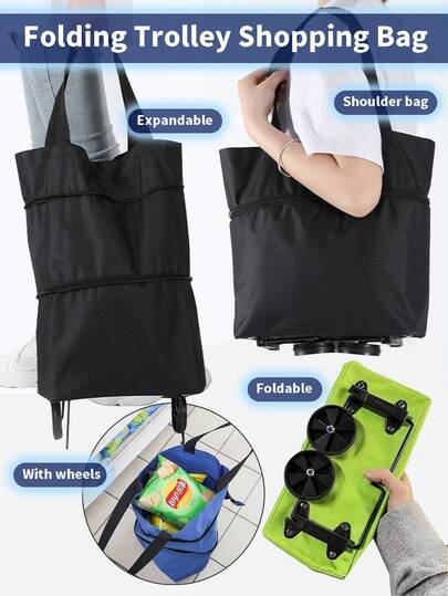 Portable Small Trolley, Household Foldable, Back-Type Shopping Bag, Lightweight Wheeled Trolley, Practical Household Trolley, Telescopic Trolley Bag, Large Capacity, Supermarket Shopping Bag. Button Closure, Reusable