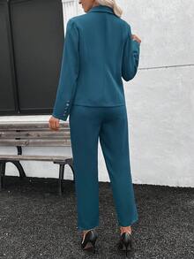 女款秋冬休閒優雅通勤套裝，純色西裝領裝飾鈕扣，後腰鬆緊帶，聚酯纖維薄款通勤長褲套裝 - 藏蓝色 - 查看 4