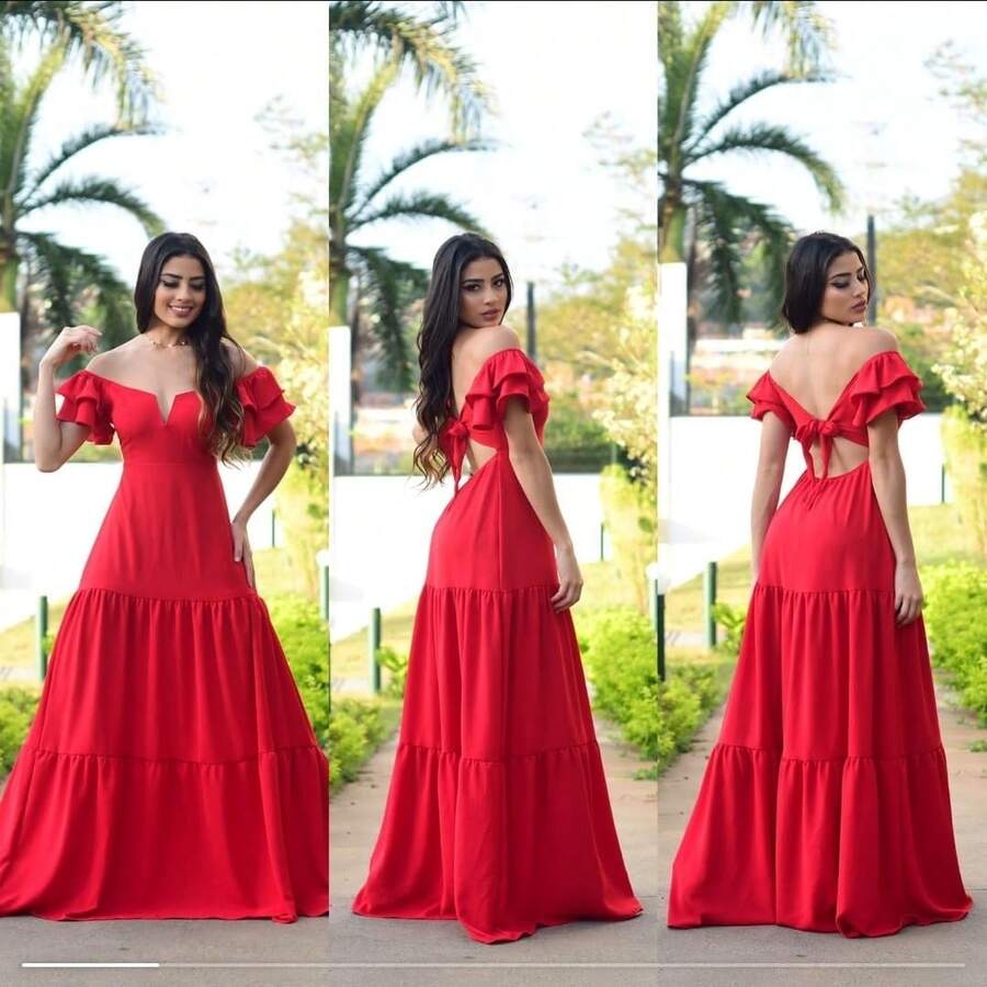 Long Off-The-Shoulder Dress With Ruffles, V-Neckline, Elegant, Charming Sleeves - Red - View 1