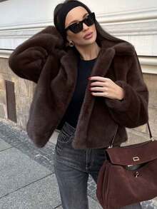 2025冬季女士复古仿皮草短款棕色皮草外套，时尚翻领，精致羊毛口袋，保暖外套，女士街头服饰 - 棕色 - 查看 5