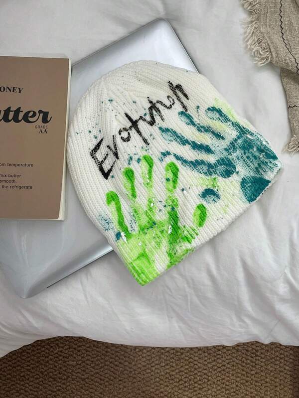 1 Stück personalisierte Graffiti Handabdruck & Buchstaben gestrickte Beanie Mütze, vielseitige Streetwear, warm