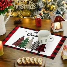 1/25pcs Christmas Red, White & Black Plaid Bordered, Decorative Christmas Tree With Star Print Linen Table Runner, Suitable For Holiday Parties, Birthday Dinners, Kitchen & Dining Room Decor, Furniture & Home Textile Decoration. It Is A Multi-Purpose Home Decor Item Applicable For Various Seasons, Perfect For Party And Holiday Decorations, As Well As A Great Gift For Parents And Friends. - Multicolor - View 8