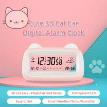 可爱3D猫耳数字闹钟 - 透明液晶显示屏，实时显示天气/温度/湿度，一键定时器，设置简单，轻柔唤醒和贪睡功能，内置夜灯，是卧室、办公室和旅行的理想之选，也是节日礼物的完美选择。 - 彩色 - 查看 4
