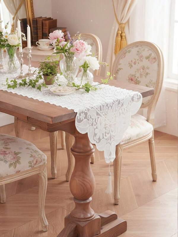 1pc White 3-Row Floral Jacquard Lace Table Runner, American Vintage Style Polyester Fiber Square Lace Mesh Jacquard Table Runner, Suitable For Dining Table, TV Cabinet, Coffee Table And Other Home Decor