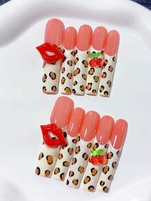 10pcs Valentine's Nail Y2K Cute Extra Long Coffin Shape Leopard Print & Red Lips Handmade Press On Nails, With Oversized Red Lip, Red Cherry Decoration; Nail Supplies, Homemade Nails, DIY Press On Nails, Nail Art, Acrylic False Nails; Suitable For Valentine's Day, Party, Daily Wear, Wedding; Great Gift For Women & Girls; Includes 1Sheet Jelly Glue & 1pc Mini File - Multicolor - View 3