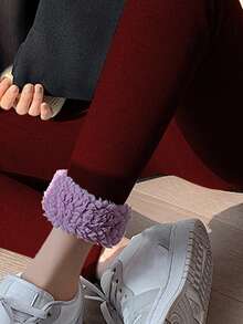 Winter Warm Thermal Lined Leggings, Purple Cloud Faux Fur Patch Skinny Pants - Burgundy - View 3