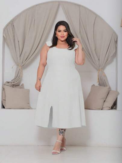 Vestido Midi Plus Size Feminino G1 e G2  Simples    Casual  Conservador / modesto  elegante    Dividido    Formal e Noturno