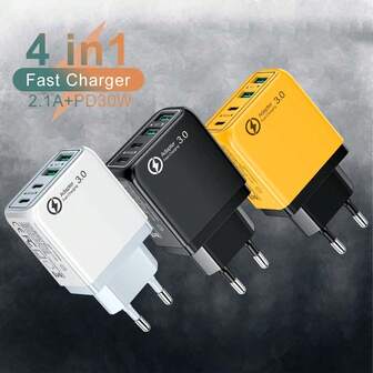 [2.1A+PD30W EU-kontakt] 4-i-1, 3.0-väggladdareadapter, 4-portars bärbar reseladdare USB-A och PD-väggladdare, kompatibel med iPhone 16/15/14, surfplattor, hörlurar, klockor och andra smarta enheter