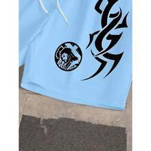 Men's Set With Statue Of Liberty Letter Print T-Shirt And Premium Cotton Streetwear Drawstring Shorts - White-blue Baby - View 4