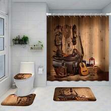 1/4 Pcs Denim Guitar Print Bathroom Set, Waterproof Shower Curtain With Hooks, Non-Slip Bath Mat, U-Shaped Toilet Mat, Toilet Lid Cover, Bathroom Accessories, Musical Art Decor
