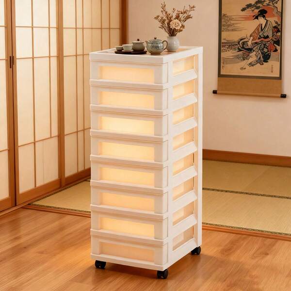 Carrito de almacenamiento de plástico estrecho con 9 cajones y organizador superior, color blanco