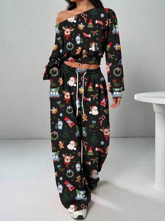 Women's Casual And Comfortable Christmas Full Body Cartoon Printed Asymmetrical Long Sleeved Set