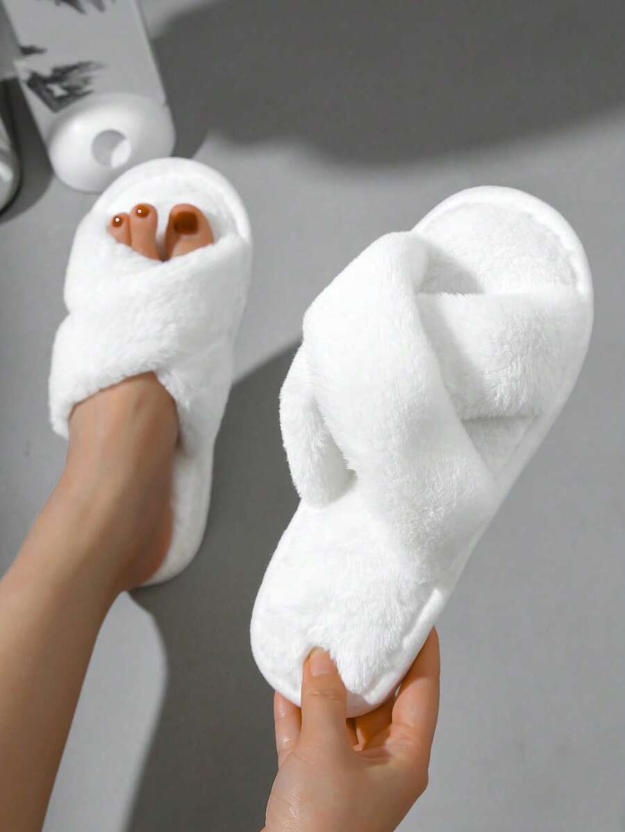 1 Pair Of Women's Suede Cross Slippers, Soft And Lightweight Indoor Home Shoes, Silent Carpet Slippers - trắng - Xem 1