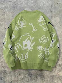 ANDREILEE 男士休闲恐龙印花圆领宽松套头毛衣，百搭街头风，适合春、秋、冬三季穿着。 - 綠色 - 查看 2